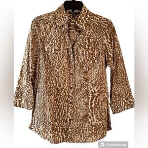 Foxcroft NYC Blouse Button Up Leopard Print Cotton NWT Brown White size 4
